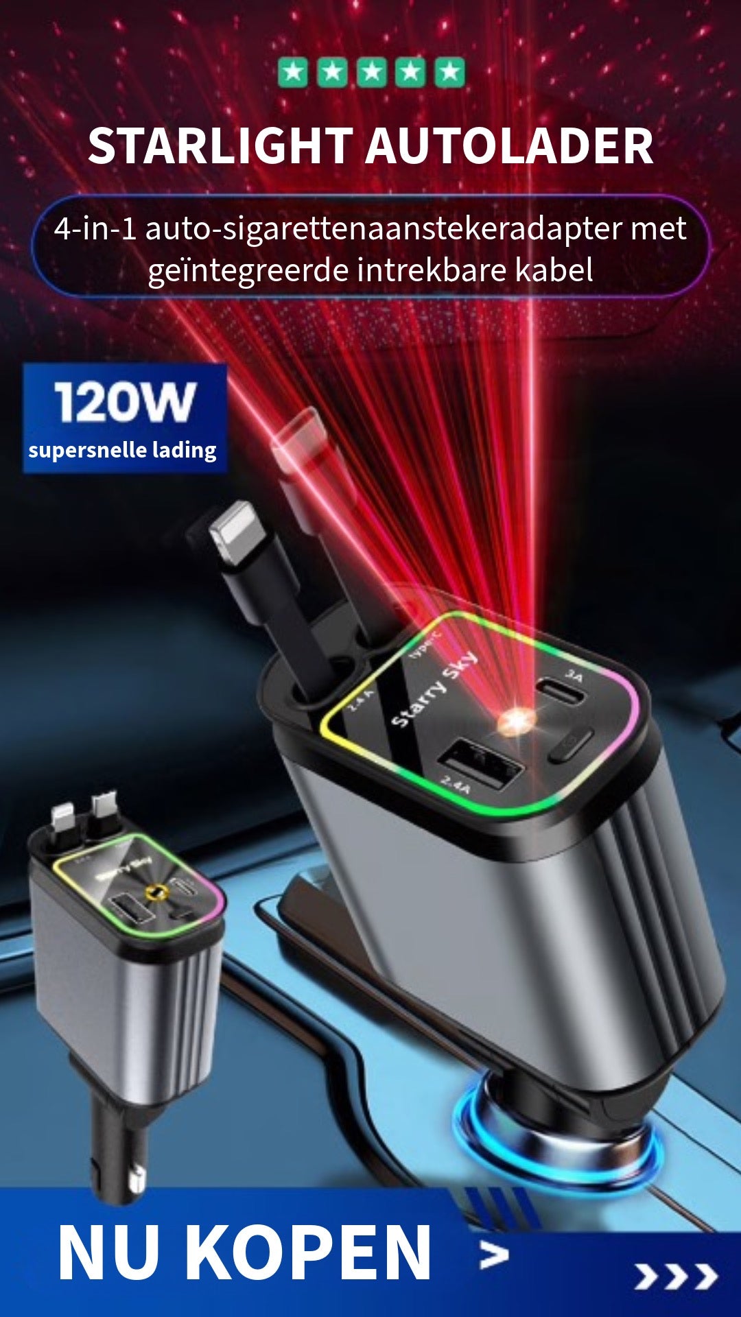 4-In-1 Auto Oplader